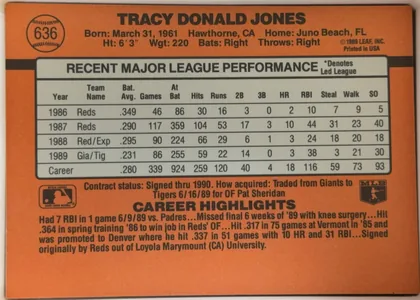 Back of 1990 Donruss Tracy Jones #636, landscape-oriented baseball card back. An orange background surrounds a large cream statistics table with black outlines. The card number 636…