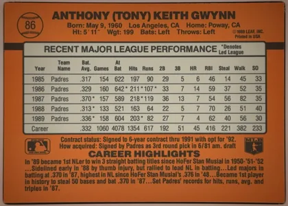 Back of 1990 Leaf Donruss Anthony (Tony) Keith Gwynn #86 Base, orange baseball-card back. The player name is printed prominently across the top, with a baseball graphic containing number 86 at upper left…