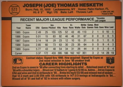 Back of 1990 Leaf Donruss JOSEPH (JOE) THOMAS HESKETH #511, upright landscape-oriented baseball card back. An orange field surrounds a cream statistics box occupying the center. The top contains a baseball…