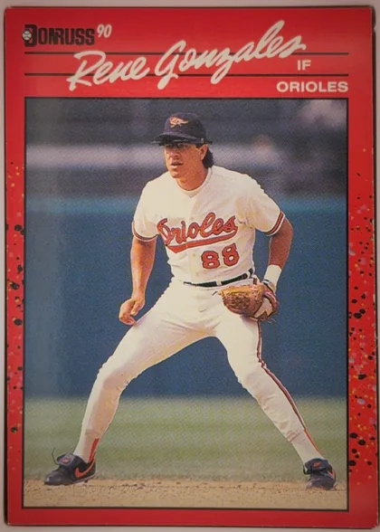 Front of 1990 Leaf Donruss RENE ADRIAN GONZALES #401, portrait-oriented baseball card front. The Donruss logo and "'90" appear at the upper left. A large white script name, "Rene Gonzalez," spans the…