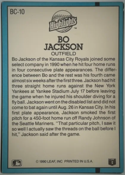 Back of 1991 Donruss Baseball Cards Bo Jackson #BC-10, portrait-oriented baseball card back. A turquoise-blue border surrounds a cream background framed by a thin black line. The card number BC-10 is…