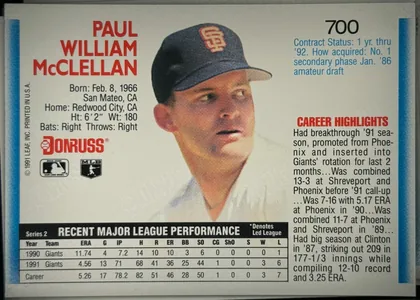 Back of 1991 Donruss Baseball Cards Checklist 507-604 #700, landscape-oriented baseball card back. The player name appears in large red uppercase text at upper left, with biographical details below. A…