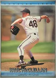 Front of 1991 Donruss Baseball Cards Checklist 507-604 #700, upright portrait baseball card front. A pitcher in a white Giants uniform, number 48, is shown throwing in a stadium. The top blue band reads…