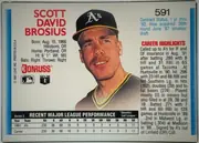 Back of 1991 Donruss Baseball Cards Joe Klink #591, landscape-oriented baseball card back. The player's name appears in large red text at upper left. A portrait of Scott Brosius in an Oakland A's cap…