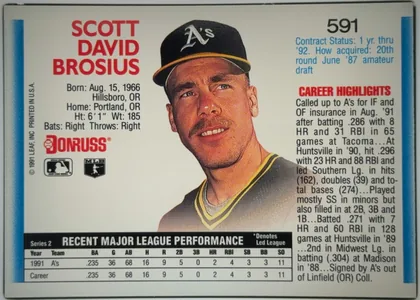 Back of 1991 Donruss Baseball Cards Joe Klink #591, landscape-oriented baseball card back. The player's name appears in large red text at upper left. A portrait of Scott Brosius in an Oakland A's cap…
