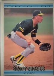 Front of 1991 Donruss Baseball Cards Joe Klink #591, front of a portrait baseball card. A color action photograph shows a player in an Oakland A's uniform crouching on the infield with a glove. DONRUSS…