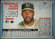 Back of 1991 Donruss Baseball Cards Reginald Allen Harris #781 Base, landscape baseball card back. Three-line red name at upper left with biographical data beneath and the red DONRUSS wordmark plus two league logos at…