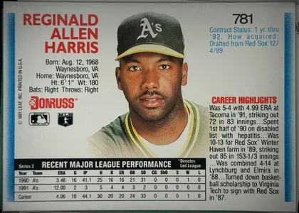 Back of 1991 Donruss Baseball Cards Reginald Allen Harris #781 Base, landscape baseball card back. Three-line red name at upper left with biographical data beneath and the red DONRUSS wordmark plus two league logos at…