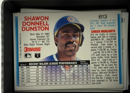 Back of 1991 Donruss Baseball Cards Ron Kittle #613, upright landscape-oriented baseball card back. The upper-left contains the large red name SHAWON DONNELL DUNSTON with biographical details beneath…