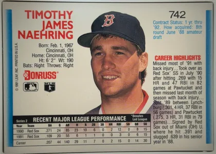 Back of 1991 Donruss Baseball Cards TIMOTHY JAMES NAEHRING #742 Base, landscape-oriented baseball card back. The player's name appears in large red uppercase type at the upper left. Card number 742 is printed at the…