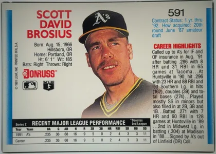 Back of 1991 Donruss Baseball SCOTT DAVID BROSIUS #591, upright landscape-oriented baseball card back. The player's name appears in large red type at upper left, with card number 591 at upper right. A…