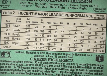 Back of 1991 Donruss Bo Jackson #632 Base, back of a baseball card on a light-green textured stock. Top band carries the player name line and birth/physical data (born Nov. 30, 1962, Bessemer…