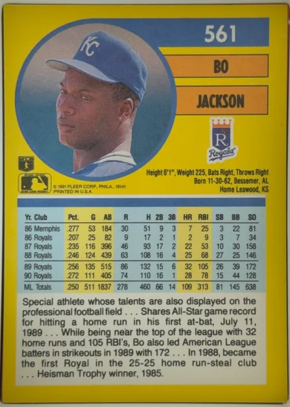 Back of 1991 Fleer Bo Jackson #561 1991 Fleer Bo Jackson #561, upright baseball card back. A large circular portrait of Bo Jackson in a Kansas City Royals cap occupies the upper left. The upper right has blue…