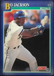 Front of 1991 Score Baseball Cards Bo Jackson #5 Base, front of a baseball card, already upright. A blue header strip across the very top holds a large yellow initial 'D' on the left and a clipped white…
