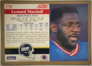 Back of 1991 Score Football Cards Leonard Marshall #170 Base, landscape-oriented football card back. The upper-left area shows card number 170 and a red SCORE logo. A red horizontal banner contains the large…