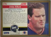 Back of 1991 Score Football John Elliot #176 Base, upright football card front. The upper-left white area contains the red card number 176 and red SCORE logo. A red name strip reads John Elliot, with…