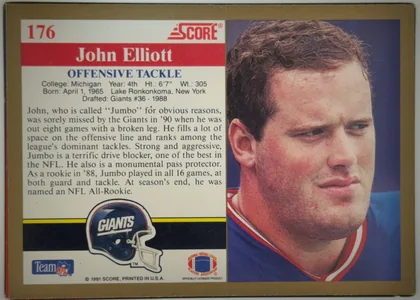 Back of 1991 Score Football John Elliot #176 Base, upright football card front. The upper-left white area contains the red card number 176 and red SCORE logo. A red name strip reads John Elliot, with…