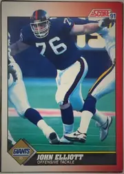 Front of 1991 Score Football John Elliot #176 Base, portrait-oriented football card front. A large action photograph shows a Giants player wearing jersey number 76 making a tackle. The SCORE 91 logo…