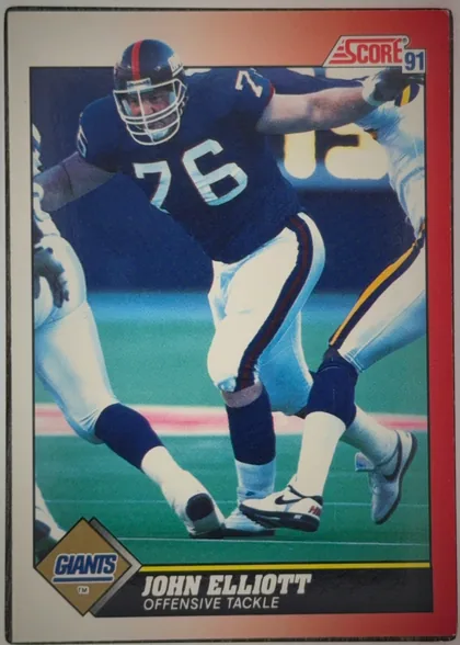 Front of 1991 Score Football John Elliot #176 Base, upright portrait football card front. A football player in a New York Giants uniform is shown running on the field, wearing jersey number 76. The…