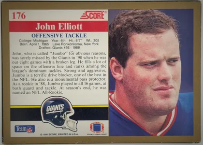 Back of 1991 Score Football John Elliott #176 Base, upright horizontal card back. A white information panel occupies the left side and a large close-up color portrait occupies the right side. The…