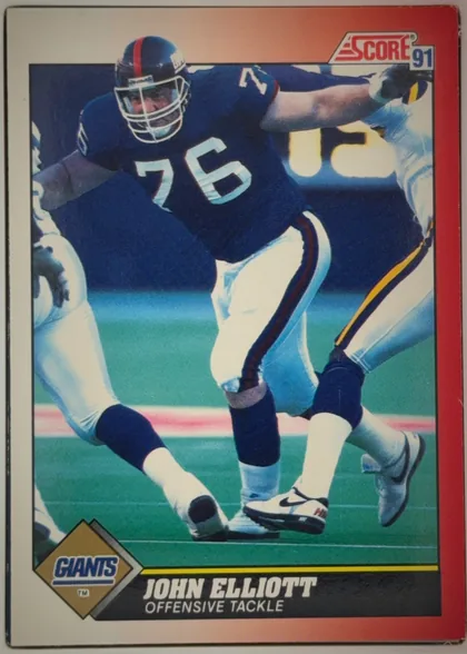 Front of 1991 Score Football John Elliott #176 Base, upright portrait football card. The upper right contains the Score 91 logo. A large action photograph shows a New York Giants player wearing number…