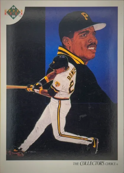 Front of 1991 Upper Deck Baseball Barry Bonds #94, front side, upright. A painted (non-photographic) illustration of a right-handed batter in a Pittsburgh Pirates home uniform: black cap with yellow…