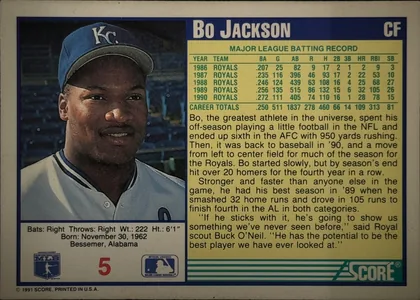 Back of 1992 Donruss Baseball Cards Bo Jackson #470 Base, back of a baseball card. The top has a dark blue header with the large white name "Bo Jackson" and "CF" at the right. The left half contains a…