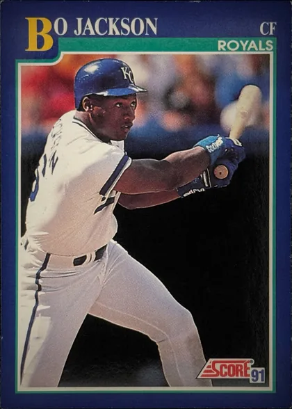 Front of 1992 Donruss Baseball Cards Bo Jackson #470 Base, portrait baseball card front. A large gold initial B appears at the upper left, followed by the name Bo Jackson in white serif lettering across the…