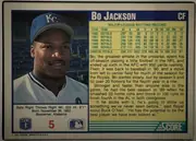 Back of 1992 Donruss Baseball Cards Bo Jackson #470, upright landscape-oriented baseball card back. A large portrait of Bo Jackson in a Kansas City Royals uniform occupies the left panel. The upper…