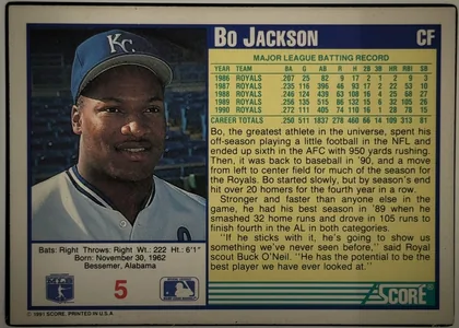 Back of 1992 Donruss Baseball Cards Bo Jackson #470, upright landscape-oriented baseball card back. A large portrait of Bo Jackson in a Kansas City Royals uniform occupies the left panel. The upper…