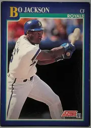 Front of 1992 Donruss Baseball Cards Bo Jackson #470, portrait-oriented baseball card front. A large gold-and-white 'B' and the name 'JACKSON' appear across the upper left and center, with 'CF' at upper…