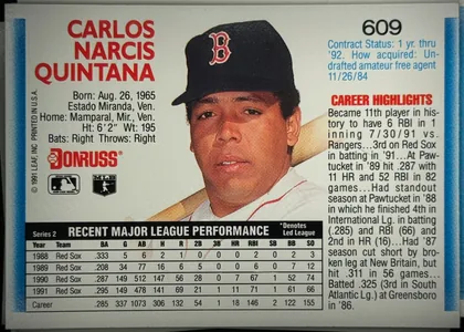 Back of 1992 Donruss Baseball Cards Carlos Quintana #609, upright landscape-oriented baseball card back. The player's name appears in large red type at upper left, with biographical details beneath. A…
