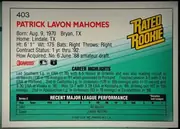 Back of 1992 Donruss Baseball Cards Pat Mahomes #403 Rated Rookie, landscape-oriented baseball card back. Card number 403 is printed at the upper-left, with the player name in large red uppercase type beneath it…