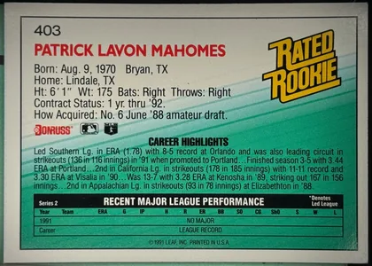 Back of 1992 Donruss Baseball Cards Pat Mahomes #403 Rated Rookie, landscape-oriented baseball card back. Card number 403 is printed at the upper-left, with the player name in large red uppercase type beneath it…