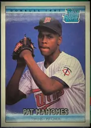Front of 1992 Donruss Baseball Cards Pat Mahomes #403 Rated Rookie, upright portrait baseball card. The top border reads DONRUSS 1992, with a Rated Rookie logo at upper right. A photograph shows a pitcher in a…