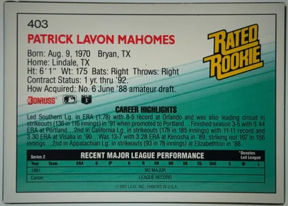 Back of 1992 Donruss Baseball Cards Patrick Lavon Mahomes #403, landscape-oriented baseball card back. Card number 403 appears at the upper-left. The player name Patrick Lavon Mahomes is printed prominently in…