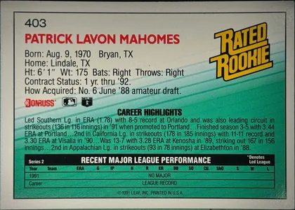 Back of 1992 Donruss Baseball Cards Patrick Lavon Mahomes #403 Rated Rookie, landscape-oriented baseball card back. Card number 403 is printed at the upper-left, with the player name in large red uppercase type beneath it…