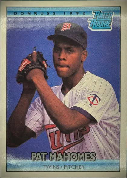 Front of 1992 Donruss Baseball Cards Patrick Lavon Mahomes #403 Rated Rookie, upright portrait baseball card. The top border reads DONRUSS 1992, with a Rated Rookie logo at upper right. A photograph shows a pitcher in a…