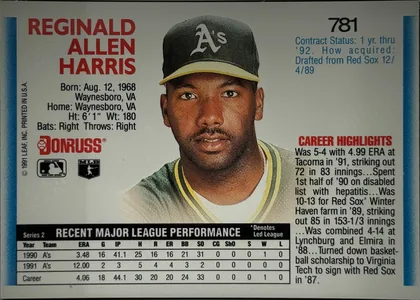 Back of 1992 Donruss Baseball Cards REGINALD ALLEN HARRIS #781 Base, upright landscape-format baseball card back. The player name REGINALD ALLEN HARRIS appears in large red uppercase text at upper left. A portrait of…