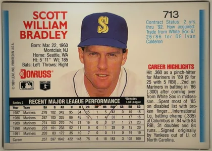 Back of 1992 Donruss Baseball Cards Scott Bradley #713 Base, landscape-oriented baseball card back. A large red three-line player name appears at upper left, with biographical text beneath. A portrait of the…