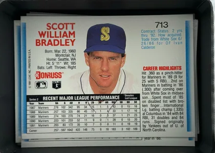 Back of 1992 Donruss Baseball Cards Scott Bradley #713, landscape-oriented baseball card back. The large red player name is at upper left, card number 713 at upper right, and a centered portrait occupies…