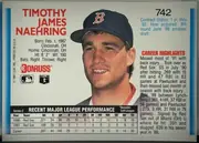 Back of 1992 Donruss Baseball Cards Tim Naehring #742 Base (regular printing, back copyright '© 1991 LEAF, INC.' with period), landscape-oriented baseball card back. Large red three-line player name is at upper left. A large portrait of the player in a Boston Red Sox cap…