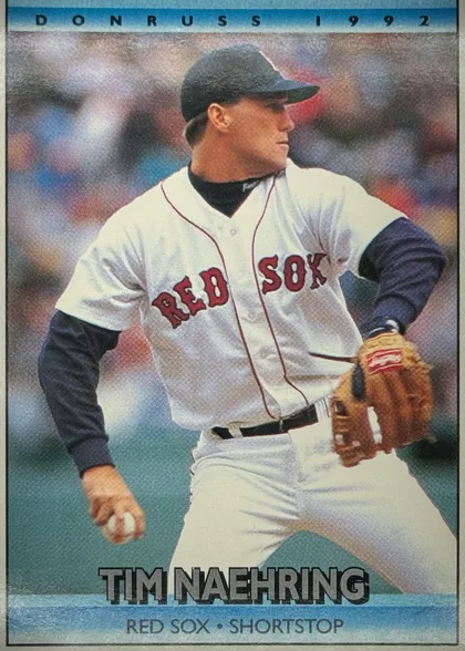 Front of 1992 Donruss Baseball Cards Tim Naehring #742 Base (regular printing, back copyright '© 1991 LEAF, INC.' with period), portrait baseball-card front. The top border is a textured blue band carrying "DONRUSS 1992" in spaced black capitals. The central photograph shows…