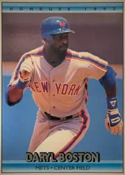 Front of 1992 Donruss Baseball Daryl Boston #612 Base (regular back, \"© 1991 LEAF, INC.\" with period), front-oriented portrait baseball card. A large action photograph shows a New York Mets player running in a white, blue, and orange uniform. The top…