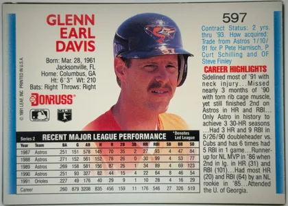 Back of 1992 Donruss Baseball Glenn Davis #597 Base, landscape-oriented baseball card back. A large color portrait of Glenn Earl Davis in a batting helmet occupies the center. His name appears in large…