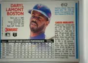 Back of 1992 Donruss Daryl Boston #612, landscape-oriented baseball card back. The upper-left area shows the red player name 'DARYL LAMONT BOSTON' above biographical details. A large…