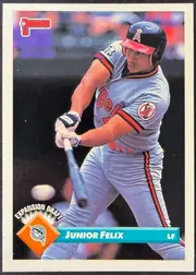 Front of 1993 Donruss Baseball JUNIOR FELIX #771 Base (Series 2), portrait baseball card front. The Donruss 93 logo is at the upper left. A player in a Seattle Mariners uniform is shown batting. At the lower left…