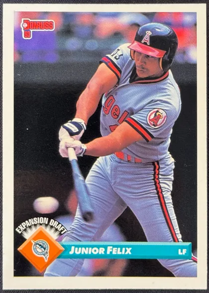 Front of 1993 Donruss Baseball JUNIOR FELIX #771 Base (Series 2), portrait baseball card front. The Donruss 93 logo is at the upper left. A player in a Seattle Mariners uniform is shown batting. At the lower left…