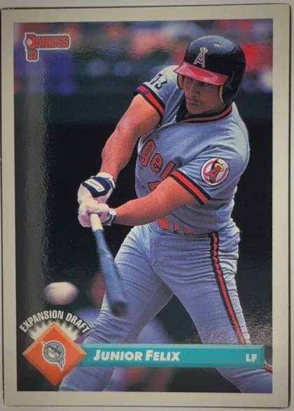 Front of 1993 Donruss Baseball JUNIOR FELIX #771 Series 2, portrait-oriented baseball card front. The Donruss logo and "93" appear at the upper left. A batter in an Angels-style uniform occupies most of the…