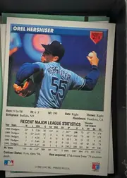 Back of 1993 Donruss Baseball Orel Hershiser #274 Base, portrait-oriented baseball card back. The upper section has a blue header with the player name in white and a red shield containing SERIES 1 and…